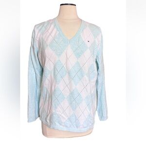 Tommy Hilfiger Men's Fine Knit Sweater Sz XL White Blue Diamonds V-neck Preppy